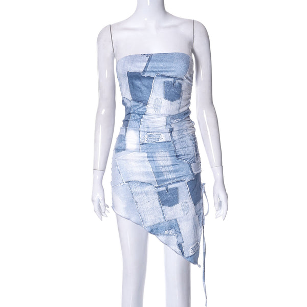 Women Denim Print Drawstring Pleated Mini Dress