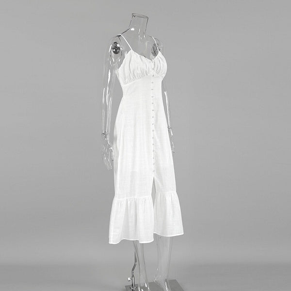 White Cotton Linen Spaghetti Strap Dress