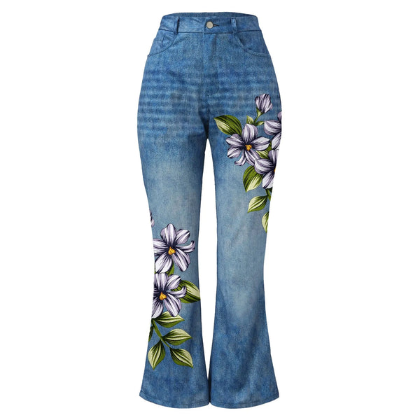 Long Denim Printed Pattern Flared Jeans