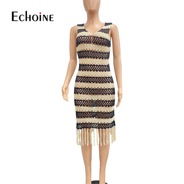 Knit Crochet Fringe Midi Dress