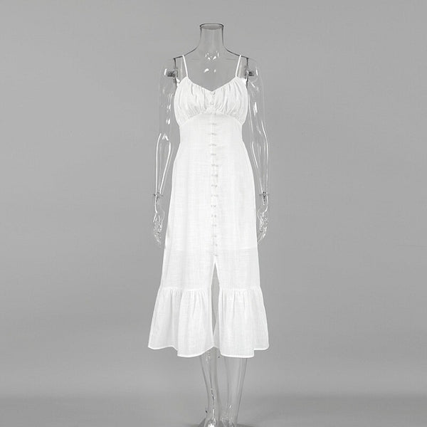 White Cotton Linen Spaghetti Strap Dress