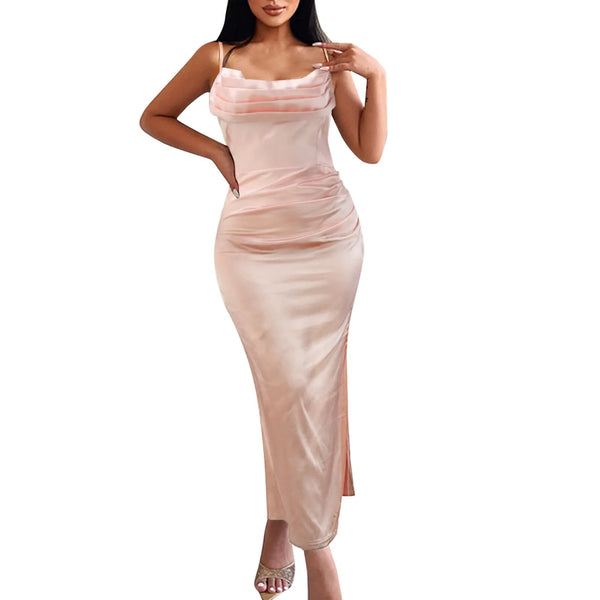 Women's Satin Spaghetti Strap Solid Evening Gown