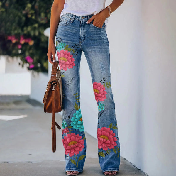 Long Denim Printed Pattern Flared Jeans