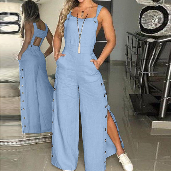 Sleeveless Twisted Knot Cotton Linen Strappy Jumpsuit