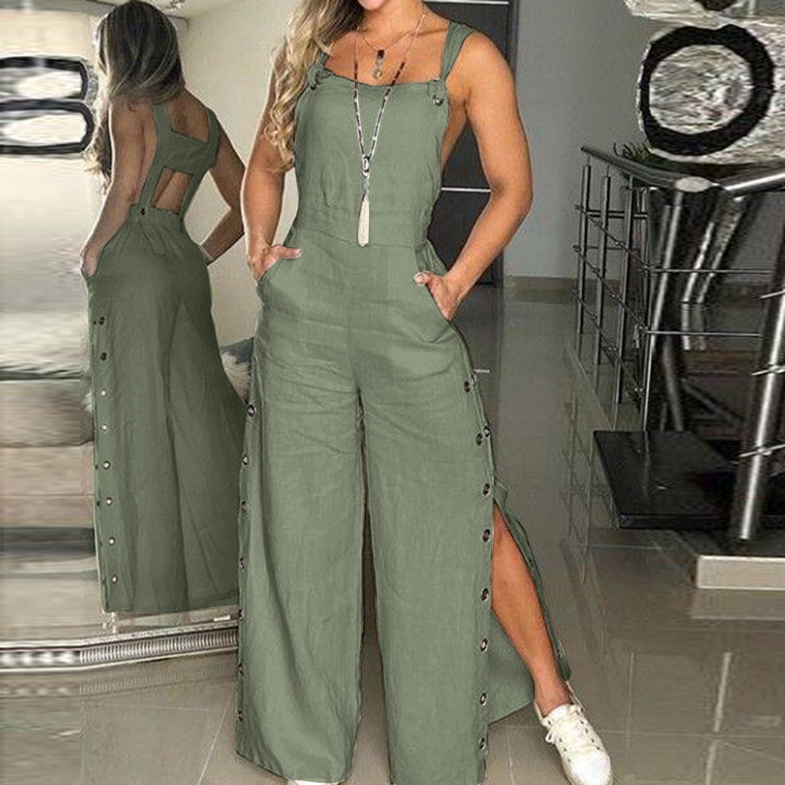 Sleeveless Twisted Knot Cotton Linen Strappy Jumpsuit