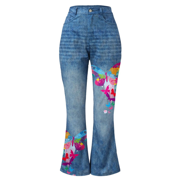 Long Denim Printed Pattern Flared Jeans