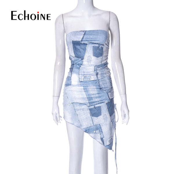 Women Denim Print Drawstring Pleated Mini Dress