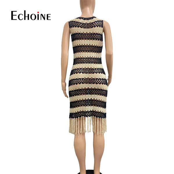 Knit Crochet Fringe Midi Dress