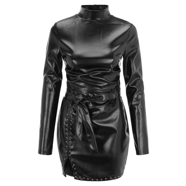 Black PU Leather Lace Up Long Sleeve Dress