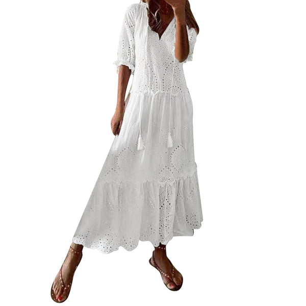 White Hollow Crochet Bohemian Cotton Long Summer Dress