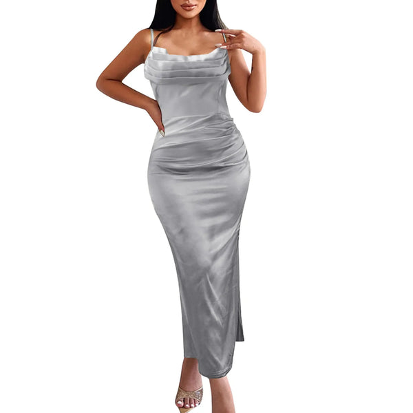 Women's Satin Spaghetti Strap Solid Evening Gown