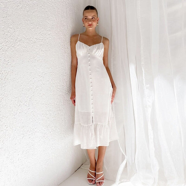 White Cotton Linen Spaghetti Strap Dress