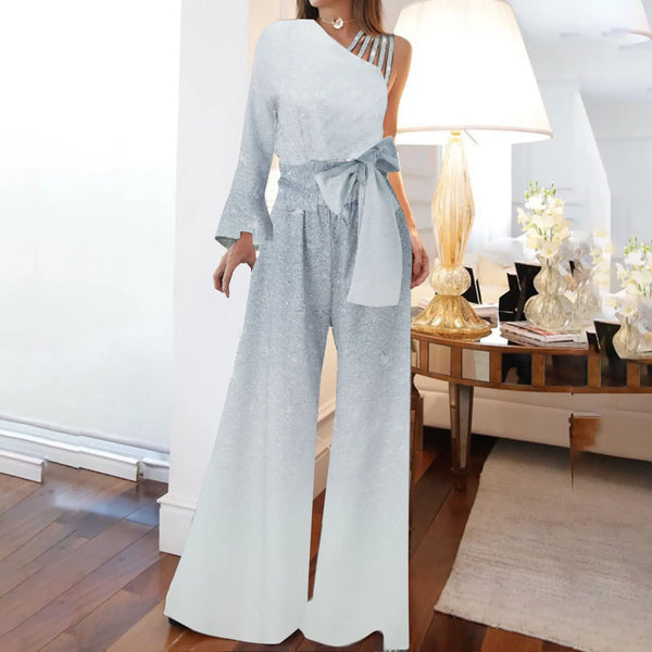 Off Shoulder Shiny Wide Leg Jumpsuit