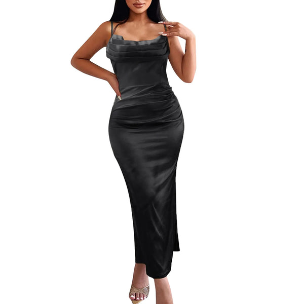 Women's Satin Spaghetti Strap Solid Evening Gown