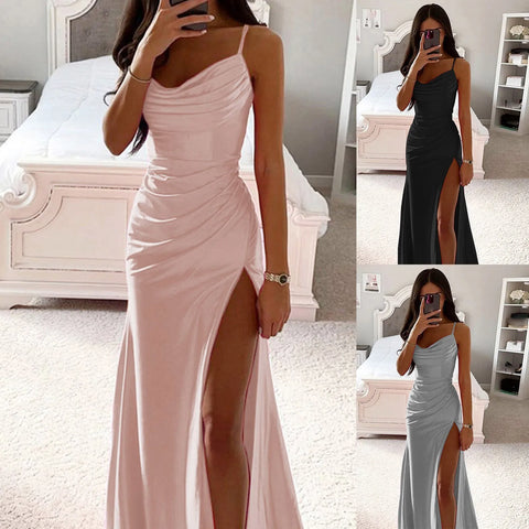 Women's Satin Spaghetti Strap Solid Evening Gown