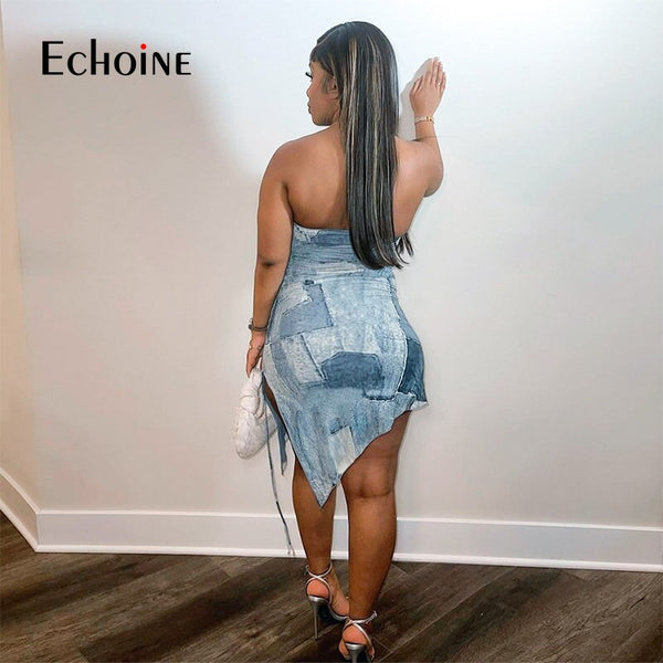 Women Denim Print Drawstring Pleated Mini Dress