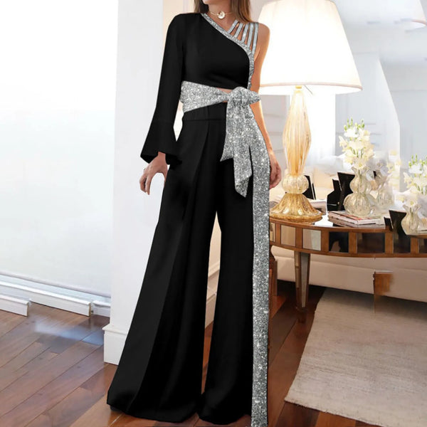 Off Shoulder Shiny Wide Leg Jumpsuit