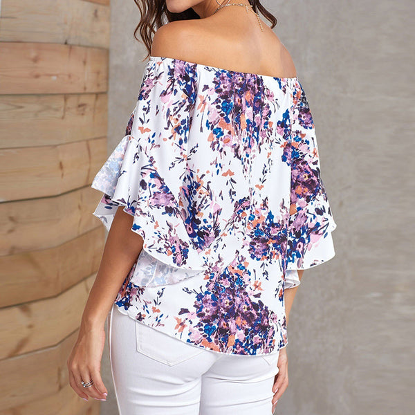 Print Off Shoulder Tie Knot Loose Fit Blouse