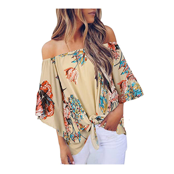 Print Off Shoulder Tie Knot Loose Fit Blouse