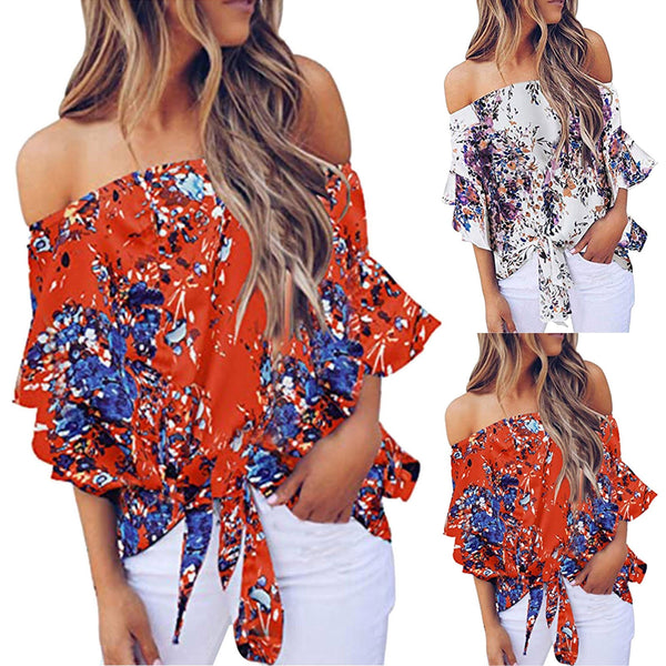 Print Off Shoulder Tie Knot Loose Fit Blouse