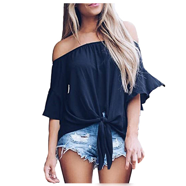 Print Off Shoulder Tie Knot Loose Fit Blouse