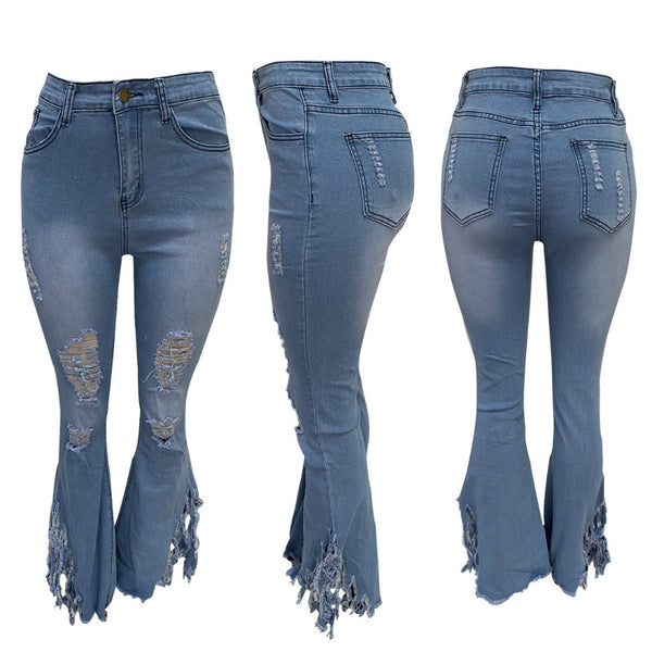 Ripped Hole Denim Jeans Fringe Bottom