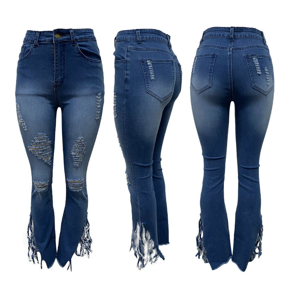 Ripped Hole Denim Jeans Fringe Bottom