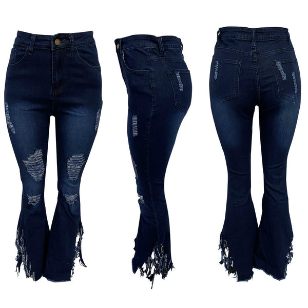 Ripped Hole Denim Jeans Fringe Bottom