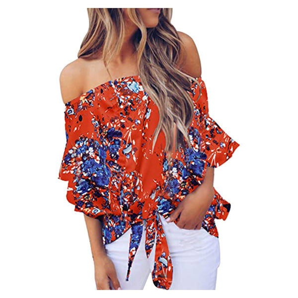 Print Off Shoulder Tie Knot Loose Fit Blouse