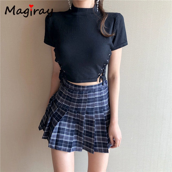 High Waist Pleated Plaid Skirt