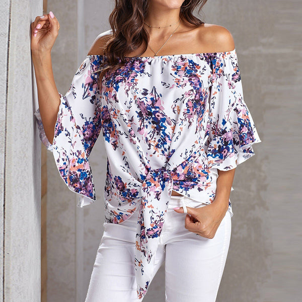 Print Off Shoulder Tie Knot Loose Fit Blouse