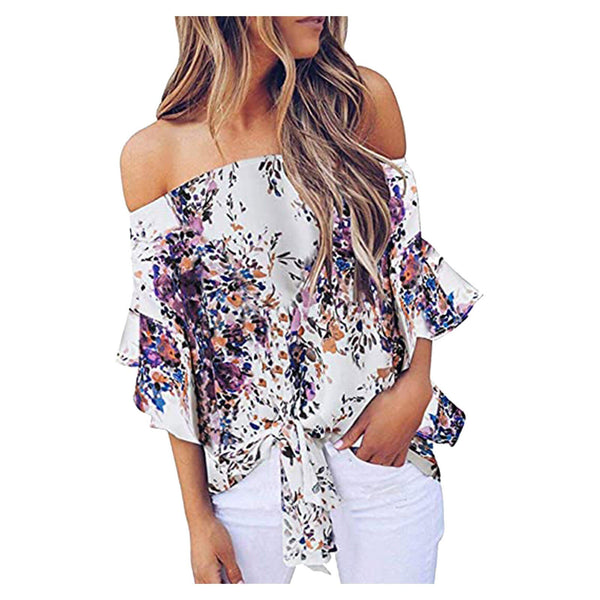 Print Off Shoulder Tie Knot Loose Fit Blouse