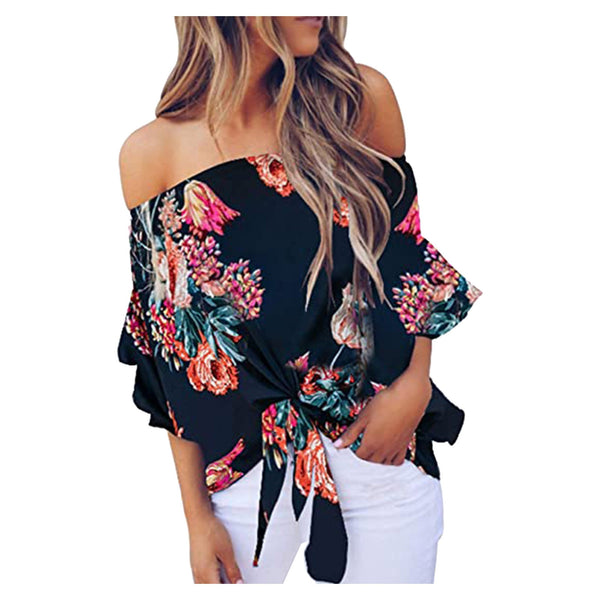 Print Off Shoulder Tie Knot Loose Fit Blouse