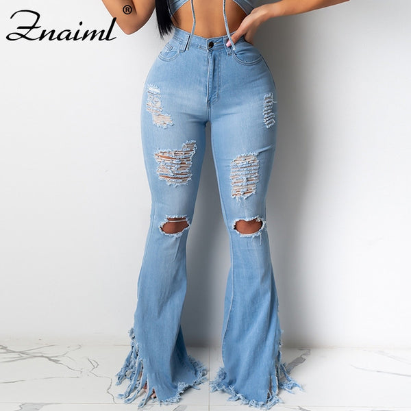 Ripped Hole Denim Jeans Fringe Bottom