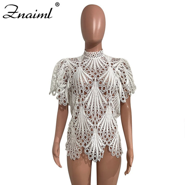 Short Sleeve Hollow Out Mesh Lace Shirt