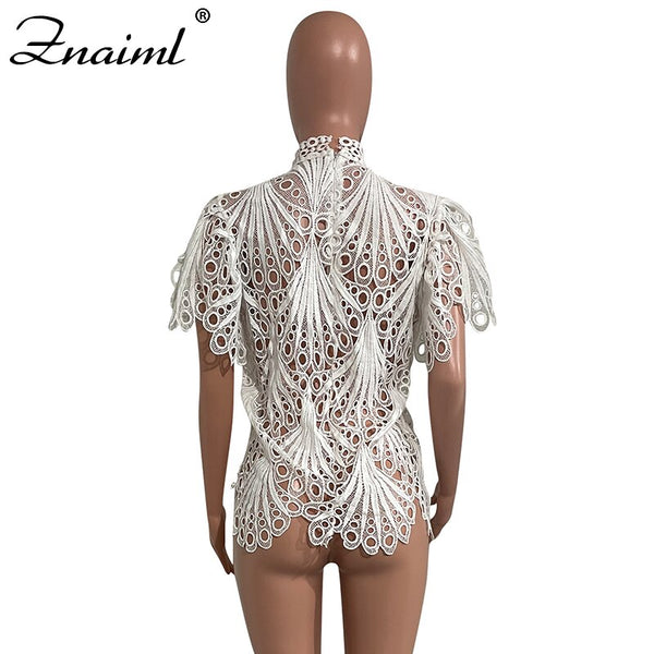 Short Sleeve Hollow Out Mesh Lace Shirt