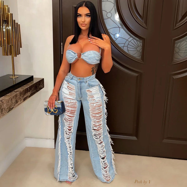 Two Piece Denim Set Lace Up Ring Bra