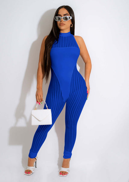 Striped Sheer Mesh Patchwork Jumpsuit