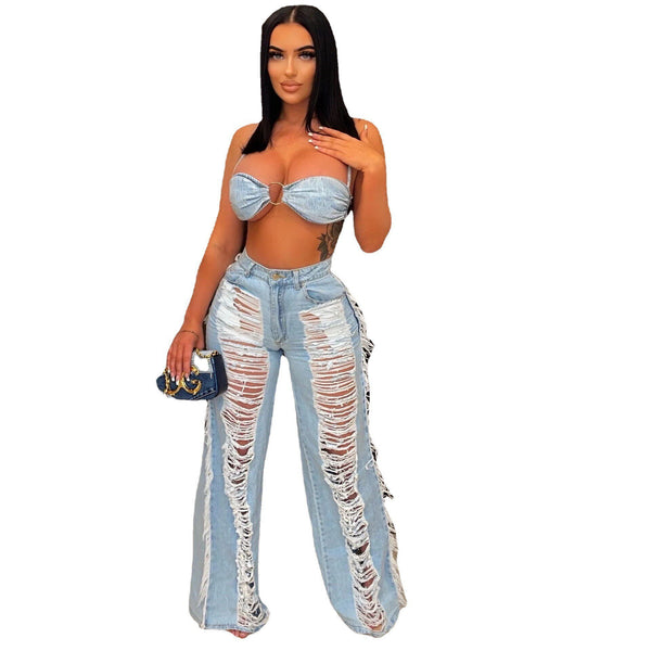 Two Piece Denim Set Lace Up Ring Bra