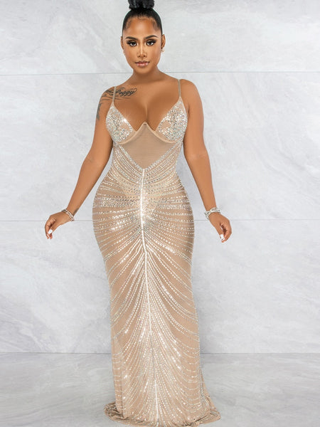 Sheer Rhinestones Evening Gown