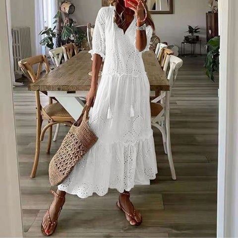 White Hollow Crochet Bohemian Cotton Long Summer Dress