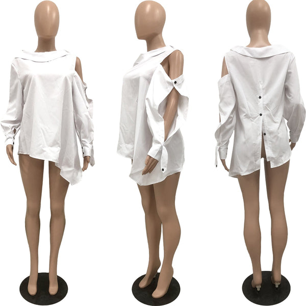 White Long Sleeve Irregular Button Shirt