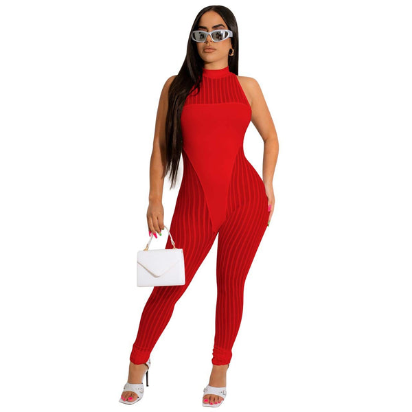 Striped Sheer Mesh Patchwork Jumpsuit