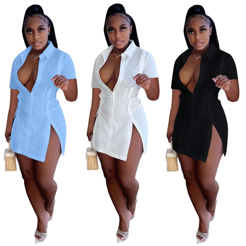 Split Out Turn Down Collar Solid Color Slim Bodycon Side Split Dress