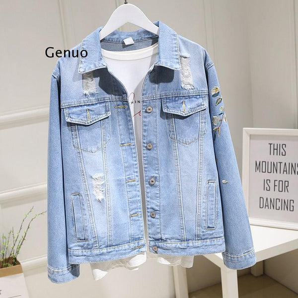 Embroidered Long-sleeved Retro Jean Jacket