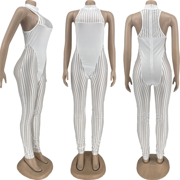 Striped Sheer Mesh Patchwork Jumpsuit