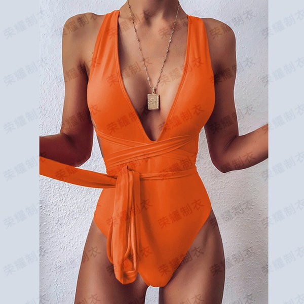 Solid Red One Piece Bandage Swimsuit