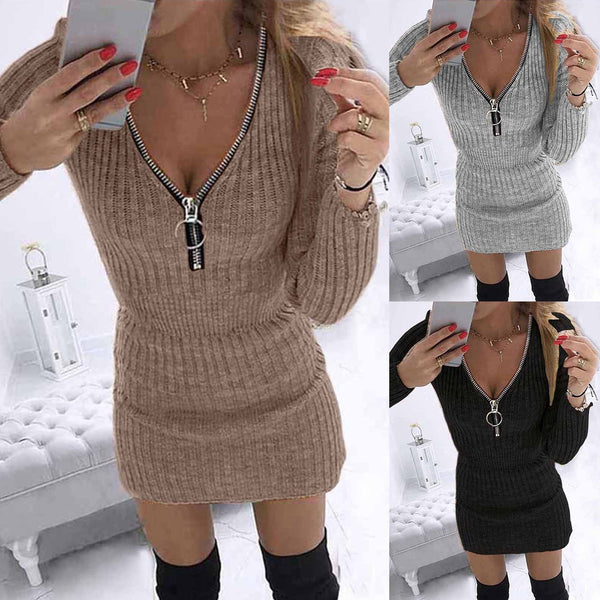 Solid Knit Zipper V-Neck Dress