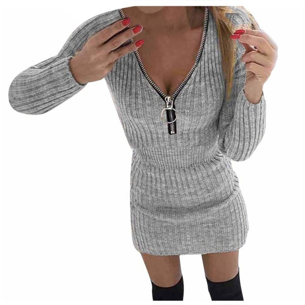 Solid Knit Zipper V-Neck Dress