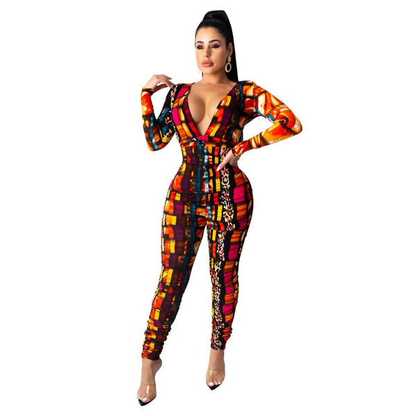 Print Ruched V Neck Jumpsuit